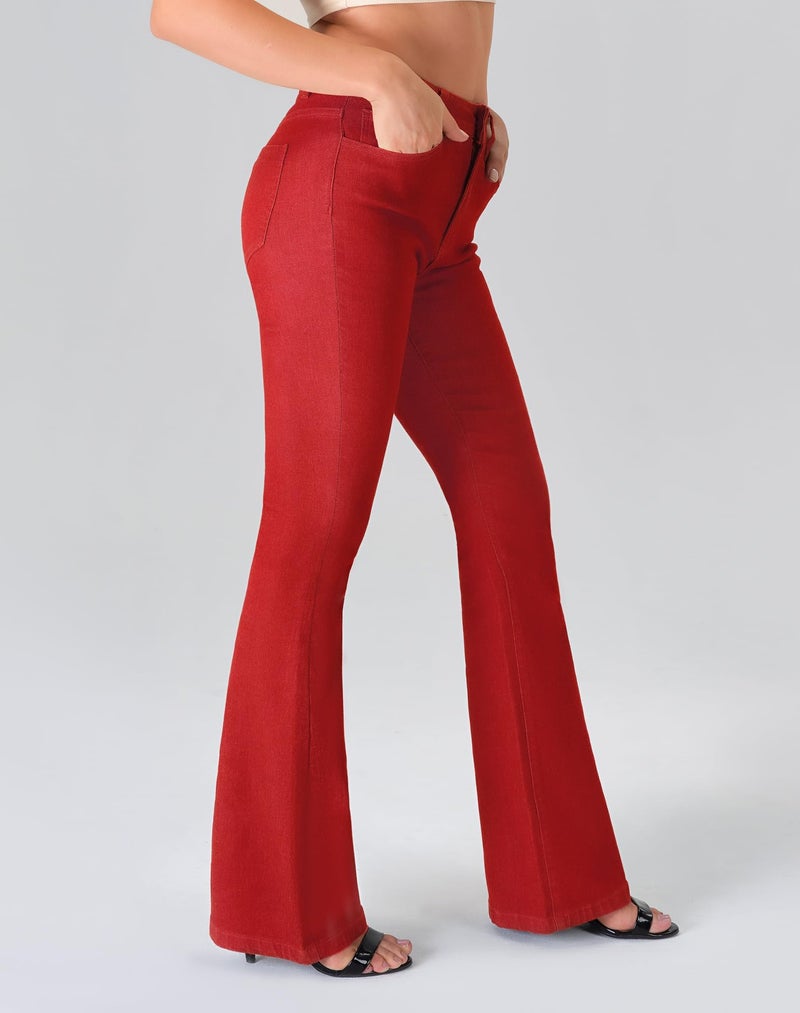 roswear Womens Mid Waist Bell Bottom Stretchy Flare Jeans Pants Red Medium - Image 2