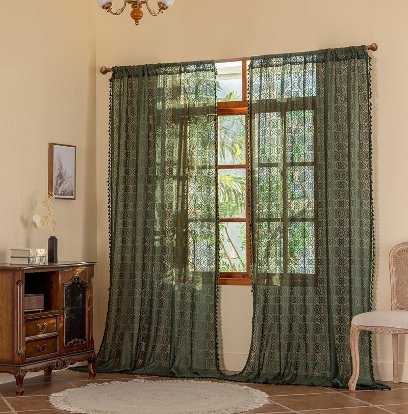 YJ YANJUN Green Boho Lace Curtains 108 inches Long 2 Panel Sets Retro Crochet Sheer Curtains for Living Room Bedroom Light Filtering Tassels High Ceiling Window Treatment Drapes 59" W x 108" L Emerald Green - Image 1