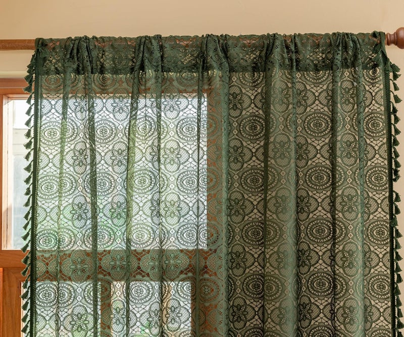 YJ YANJUN Green Boho Lace Curtains 108 inches Long 2 Panel Sets Retro Crochet Sheer Curtains for Living Room Bedroom Light Filtering Tassels High Ceiling Window Treatment Drapes 59" W x 108" L Emerald Green - Image 2