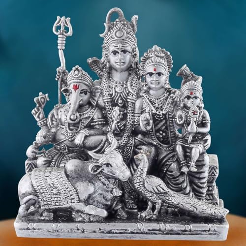 PRD CARATCAFE Silver 925 Shiv Parivar Lord Shiva Maa Parvati Ganesh Ji Kartikeya Nandi & Peacock Statue, 46+ GMS God Murti for Home Pooja Decor Gift - Image 2