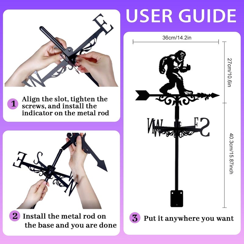 beinkmake Bigfoot Weathervane Arrow Metal Wind Vane Big Foot Sasquatch Weathercock Garden Decoration Wind Direction Indicator Stake Roof Mount Ornament for Farmhouse Yard Outdoor - Image 2