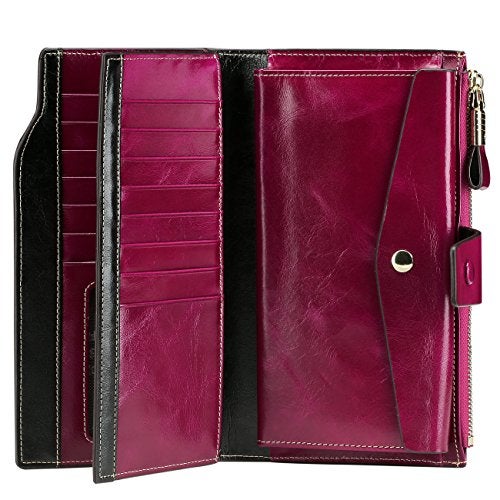 Itslife Womens Wallet RFID Blocking Large Capacity Luxury Wax Genuine Leather Wallets Clutch Wallet Ladies Card holder, Fuchsia - Image 5