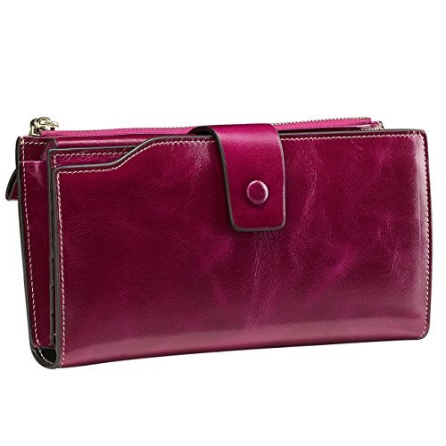 Itslife Womens Wallet RFID Blocking Large Capacity Luxury Wax Genuine Leather Wallets Clutch Wallet Ladies Card holder, Fuchsia - Image 3