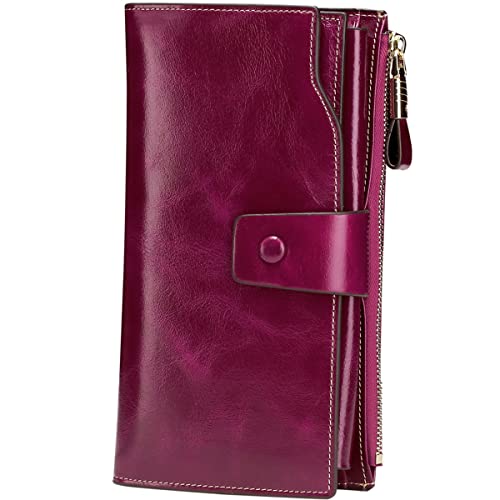 Itslife Womens Wallet RFID Blocking Large Capacity Luxury Wax Genuine Leather Wallets Clutch Wallet Ladies Card holder, Fuchsia - Image 1