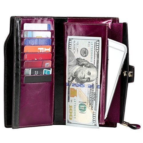 Itslife Womens Wallet RFID Blocking Large Capacity Luxury Wax Genuine Leather Wallets Clutch Wallet Ladies Card holder, Fuchsia - Image 2