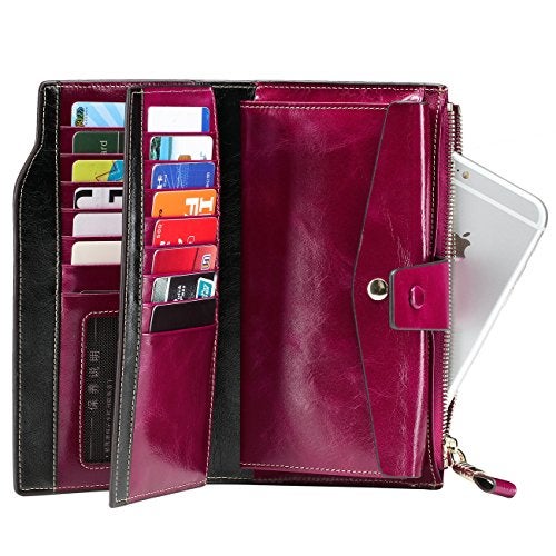 Itslife Womens Wallet RFID Blocking Large Capacity Luxury Wax Genuine Leather Wallets Clutch Wallet Ladies Card holder, Fuchsia - Image 4
