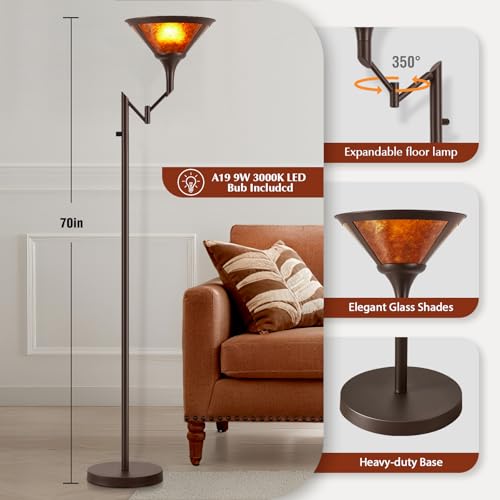 EJIAXIN Floor Lamps for Living Room - 70" Brown Torchiere Standing Floor Lamp with Adjustable Swing Arm - Tall Corner Lamp Decor for Bedroom with Mica Shade LED Reading Light for Home Office - Image 4