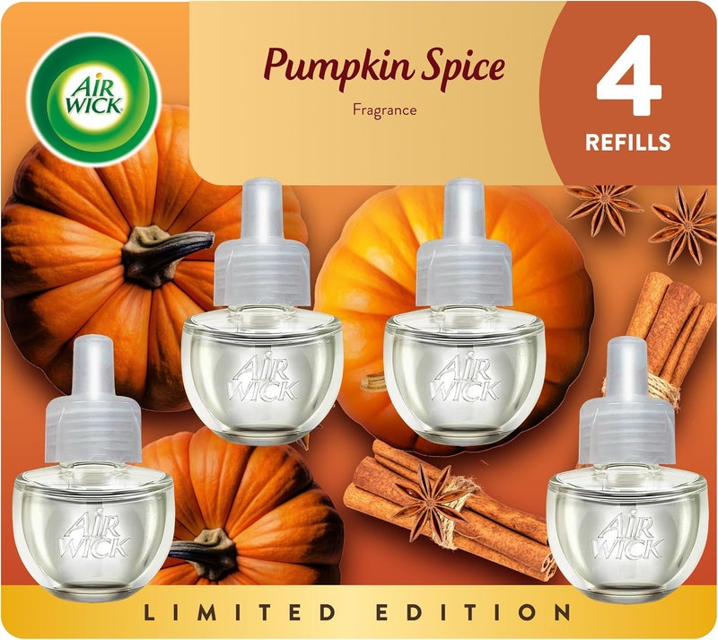 Air Wick عبوة إعادة تعبئة زيت معطر، مشبعة بالزيوت الأساسية، معطرات هواء قابلة للتوصيل للمنزل، توابل اليقطين، 4 قطع - Image 1
