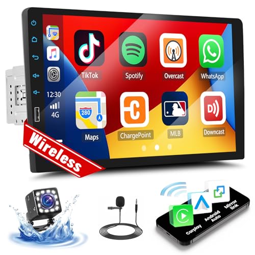 UNITOPSCI 9 Inch Single Din Wireless Apple CarPlay Android Auto Car Stereo Touch Screen Bluetooth FM Car Radio Receiver Mirror Link USB Playback DVR Input with Backup Camera Mic - Image 1