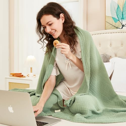 EMME Cotton Muslin Blanket King Size - Soft, Breathable Layering Blanket, 108"x90", All Season Gauze, Sage Green - Image 5
