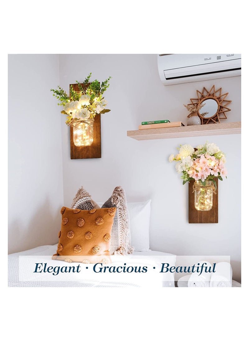 BestStore Rustic Wall Sconces Mason Jar Sconces Wall Art Hanging Design with Remote Control LED Fairy Lights and Peach Flowers Pack of 2  - Image 2