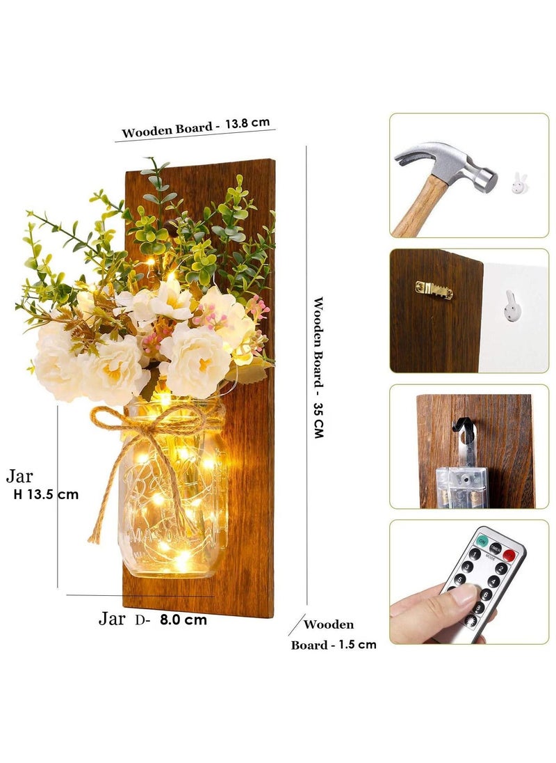 BestStore Rustic Wall Sconces Mason Jar Sconces Wall Art Hanging Design with Remote Control LED Fairy Lights and Peach Flowers Pack of 2  - Image 4