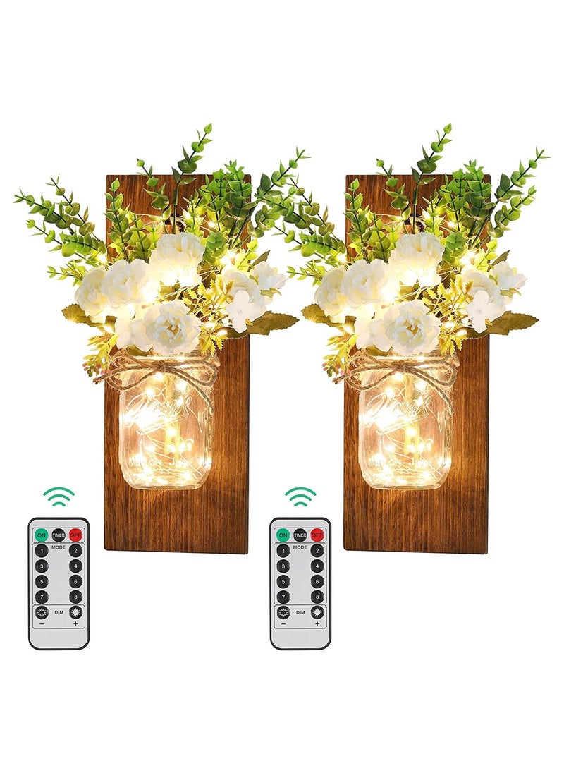 BestStore Rustic Wall Sconces Mason Jar Sconces Wall Art Hanging Design with Remote Control LED Fairy Lights and Peach Flowers Pack of 2  - Image 1