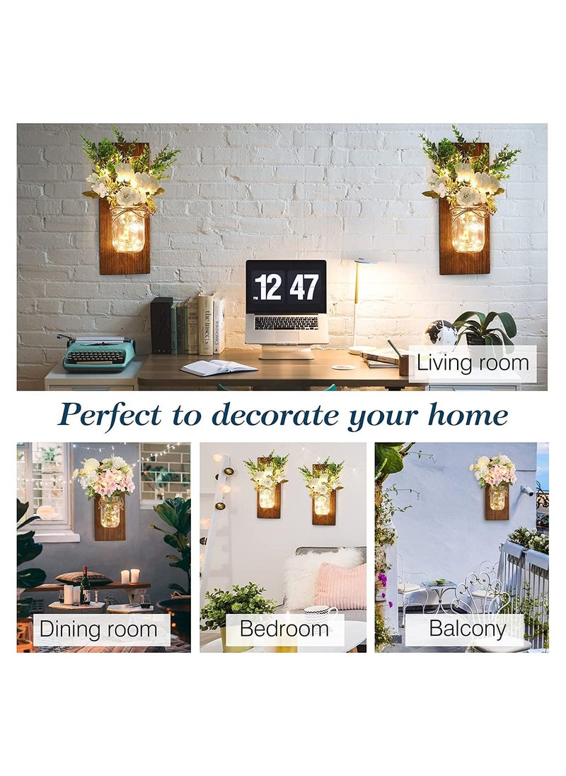 BestStore Rustic Wall Sconces Mason Jar Sconces Wall Art Hanging Design with Remote Control LED Fairy Lights and Peach Flowers Pack of 2  - Image 5