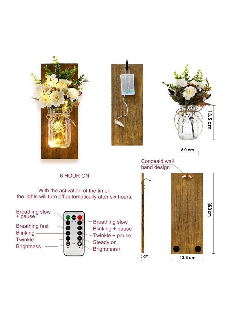 BestStore Rustic Wall Sconces Mason Jar Sconces Wall Art Hanging Design with Remote Control LED Fairy Lights and Peach Flowers Pack of 2  - Image 3