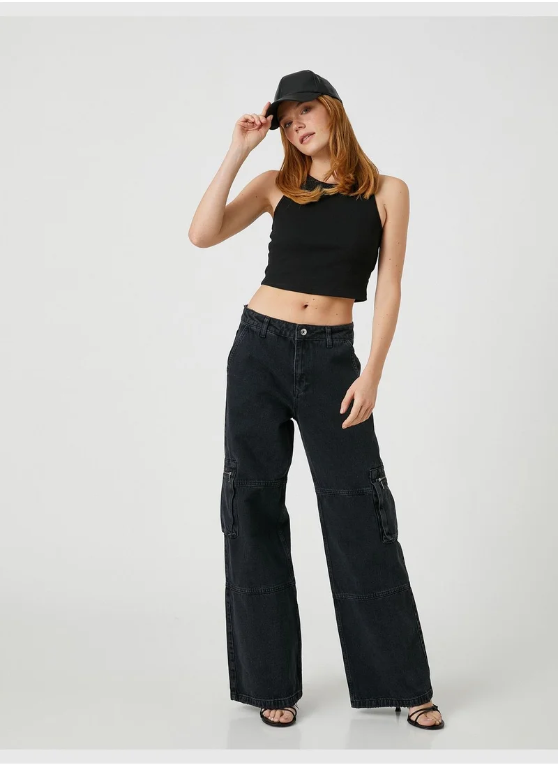 كوتون Extra Wide Leg Cargo Denim Trousers - Bianca Jeans