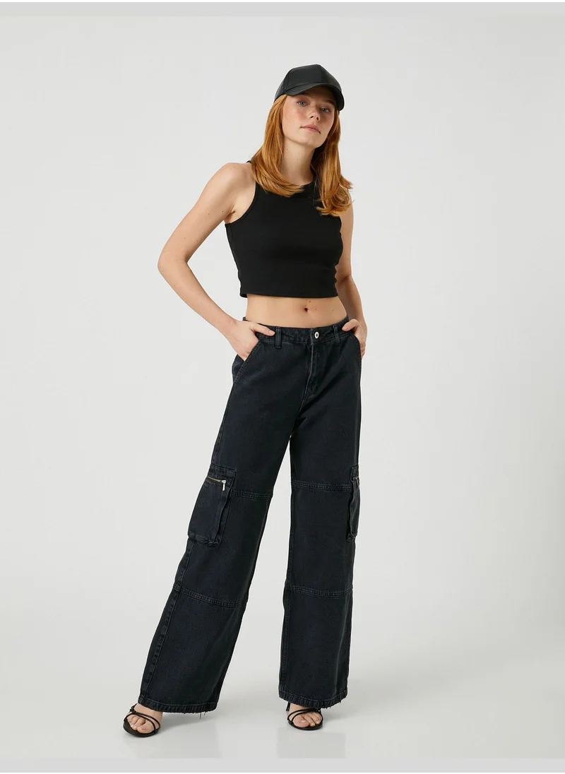 كوتون Extra Wide Leg Cargo Denim Trousers - Bianca Jeans