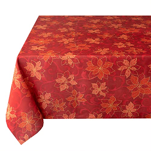 Benson Mills Poinsettia Scroll Printed Rectangle Fabric Table Cloth, Winter, Holiday and Christmas Tablecloth (60" x 84" Rectangular, Red) - Image 1