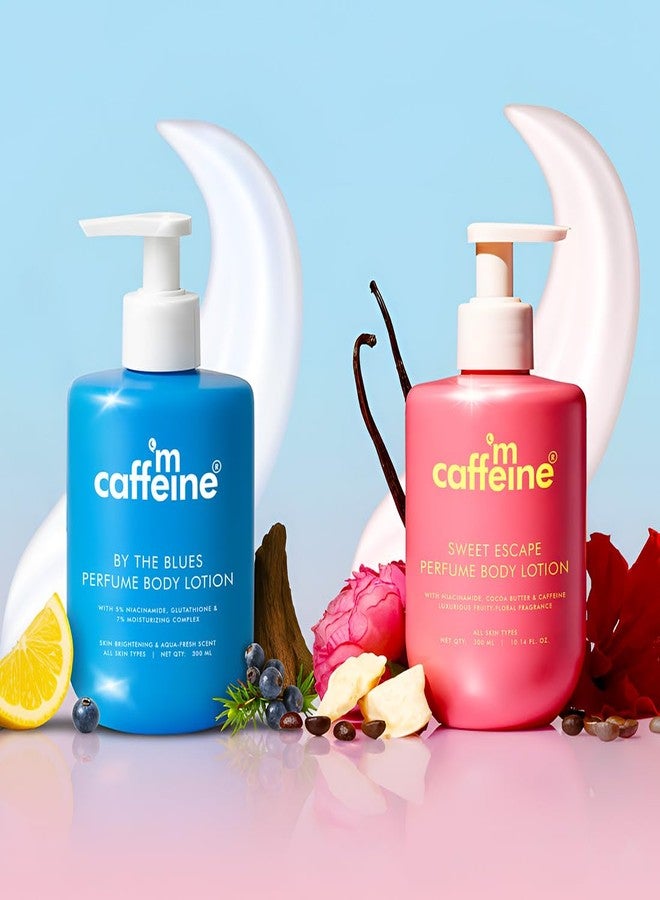 mCaffeine By the Blues Brightening Perfume Body Lotion & Sweet Escape Perfume Body Lotion | Niacinamide, Cocoa & Shea Butter | Deeply Moisturizes, Evens Skin Tone | Long Lasting Fragrance - 300mlx2 | - Image 2