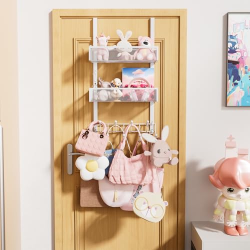 Consumest Over The Door Organizer Hooks, Door Hanger with 9 Coat Hooks & 2 Mesh Basket, Rustproof Back Storage Organizer for Bathroom, Kitchen, Bedroom-White (for 1.76in Doors) - Image 5
