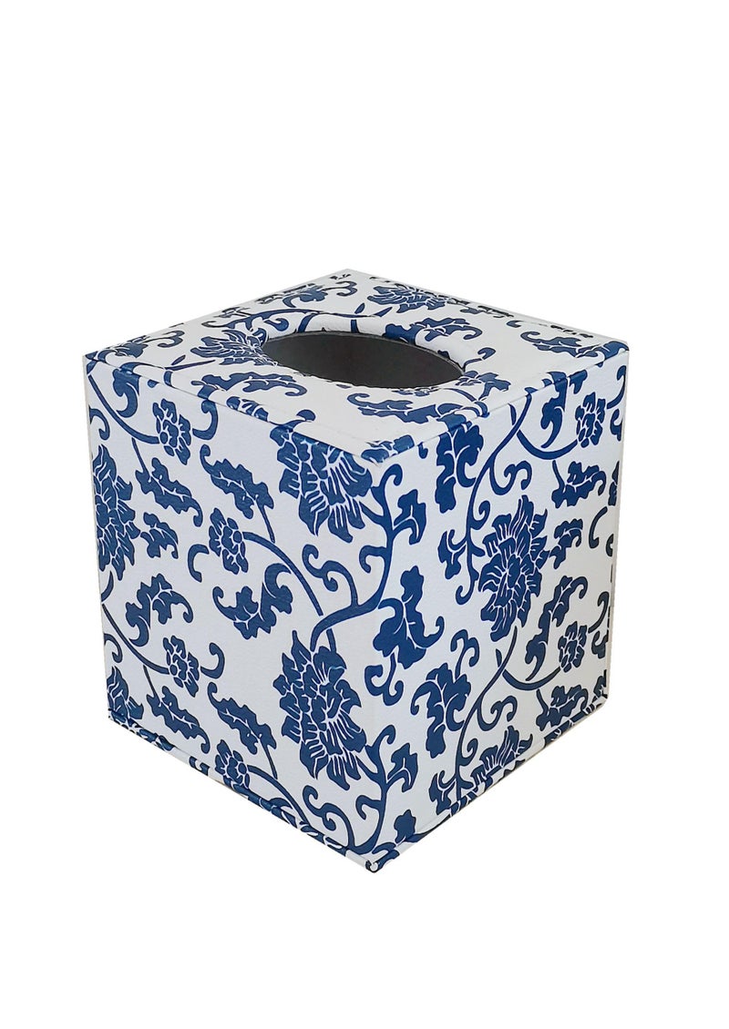 S Forever Home Decor Flower Pattern Faux Leather Tissue Box Cover SquareBlue and White Porcelain