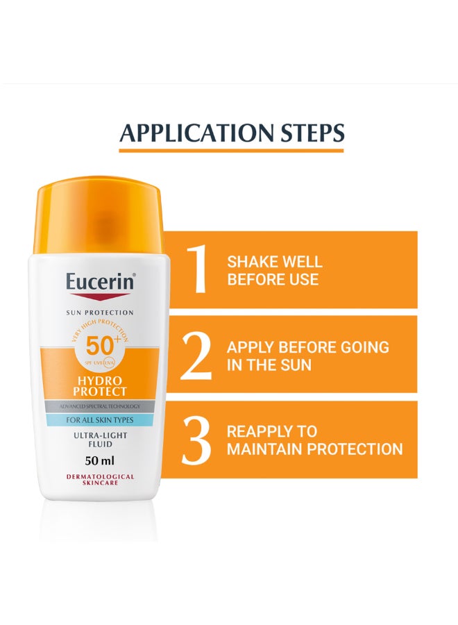 Eucerin Sunscreen Hydro Protect Face Ultra Light Fluid, High UVA/UVB Protection, SPF 50+ 50ml For all skin types skincare - Image 4