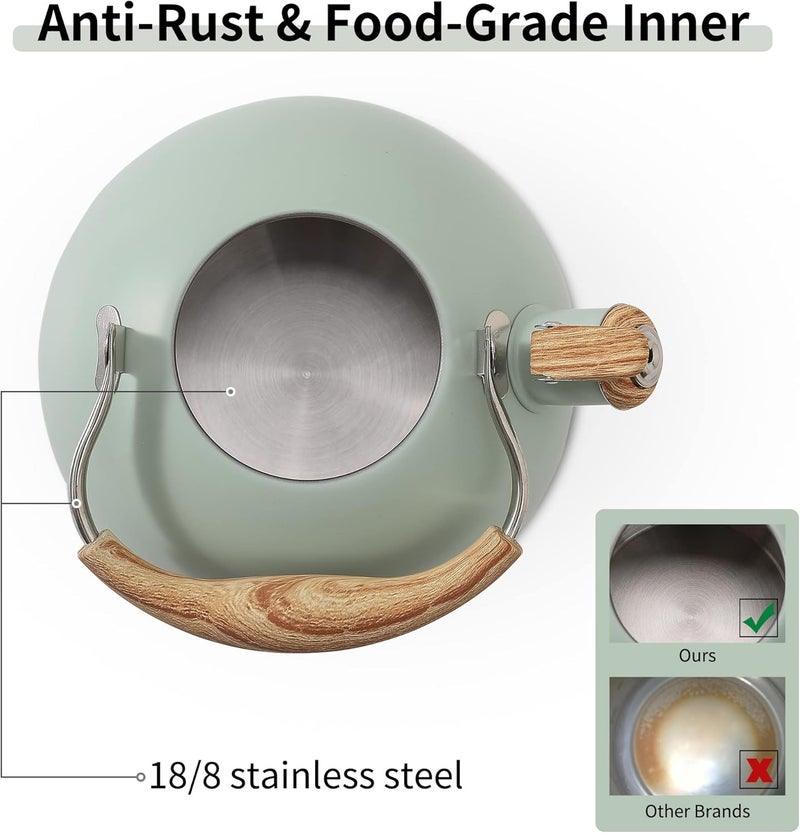 Lonffery Tea Kettle for Stove Top, 2.5 Quart Whistling Tea Kettle, with Food Grade Stainless Steel and Wood Pattern Folding Handle, Turquoise - Image 2