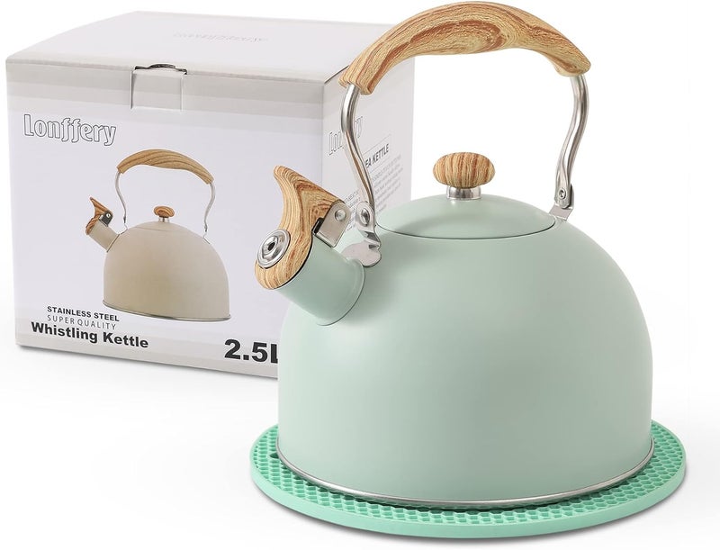 Lonffery Tea Kettle for Stove Top, 2.5 Quart Whistling Tea Kettle, with Food Grade Stainless Steel and Wood Pattern Folding Handle, Turquoise - Image 1