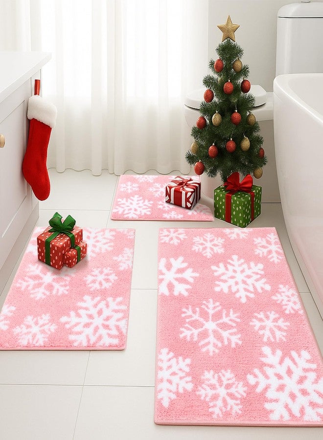 Drydiet 3 Pieces Pink Snowflake Bathroom Rugs Sets Christmas Winter Microfiber Shaggy Bath Mats and U-Shaped Contour Toilet Rug Non Slip Christmas Carpet Mats for Xmas Bathroom Tub Shower Decoration - Image 5