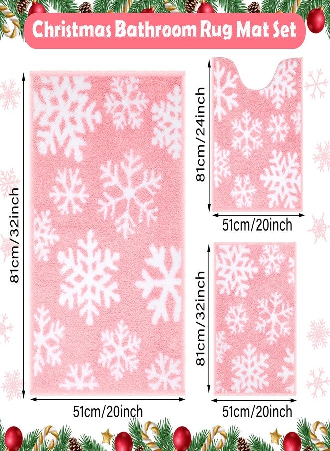 Drydiet 3 Pieces Pink Snowflake Bathroom Rugs Sets Christmas Winter Microfiber Shaggy Bath Mats and U-Shaped Contour Toilet Rug Non Slip Christmas Carpet Mats for Xmas Bathroom Tub Shower Decoration - Image 2