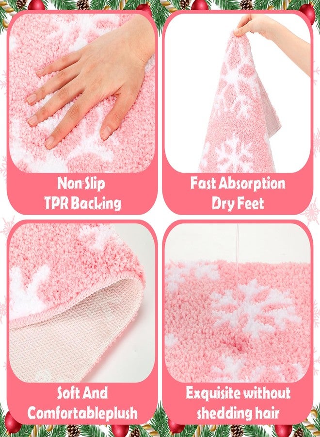 Drydiet 3 Pieces Pink Snowflake Bathroom Rugs Sets Christmas Winter Microfiber Shaggy Bath Mats and U-Shaped Contour Toilet Rug Non Slip Christmas Carpet Mats for Xmas Bathroom Tub Shower Decoration - Image 3