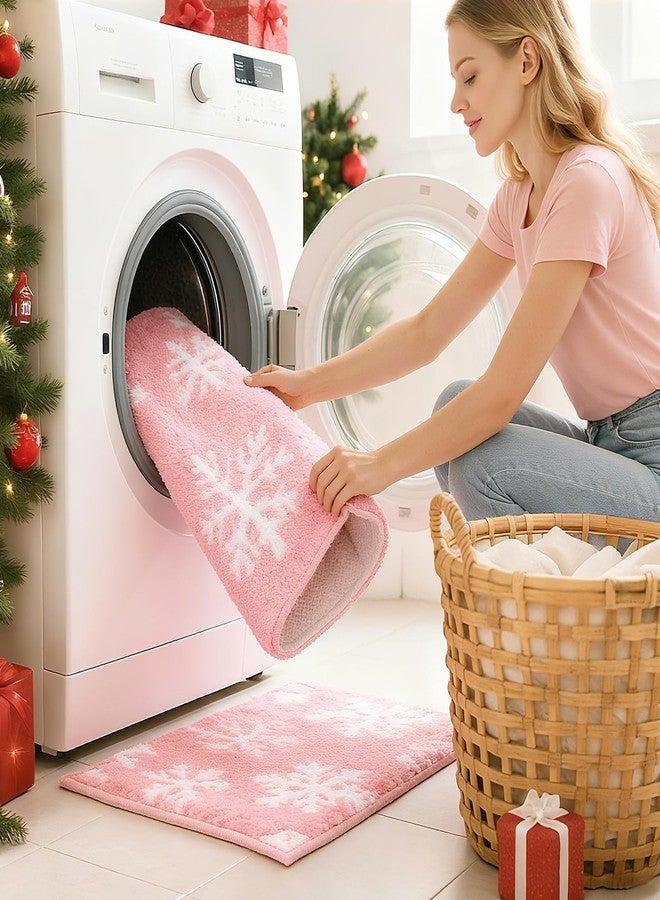 Drydiet 3 Pieces Pink Snowflake Bathroom Rugs Sets Christmas Winter Microfiber Shaggy Bath Mats and U-Shaped Contour Toilet Rug Non Slip Christmas Carpet Mats for Xmas Bathroom Tub Shower Decoration - Image 4