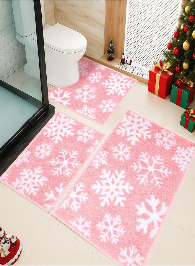 Drydiet 3 Pieces Pink Snowflake Bathroom Rugs Sets Christmas Winter Microfiber Shaggy Bath Mats and U-Shaped Contour Toilet Rug Non Slip Christmas Carpet Mats for Xmas Bathroom Tub Shower Decoration - Image 1
