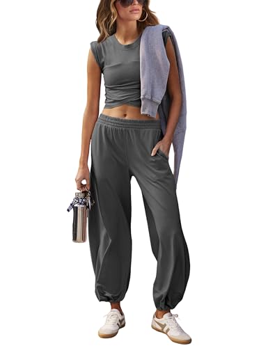 Springrain Womens Two Pieces Outfits Casual Lounge Sets Cropped Tops Sweatpants Tracksuit with Pockets(DarkGrey-M) - Image 1