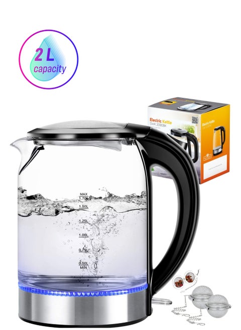 2L Glass Electric Kettle with Tea Infuser 2000W,360° Swivel Base,Auto Shut-Off,LED Indicator,Power Cord,Boil-Dry Protection,Concealed Heating Plate Quick Boiling For Home Coffee & Office Use