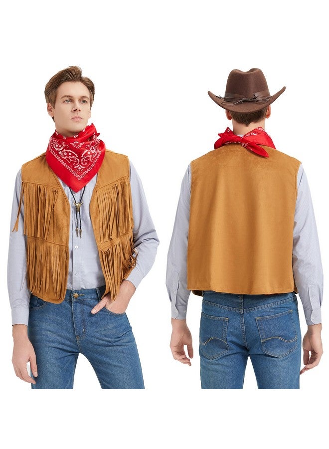 JoeRita JoeRita Western Cowboy Costume Men Tasseled Vest Hat Bandana Necklace Cowboy Outfit Accessories for Halloween Cosplay (Khaki, XXL) - Image 2