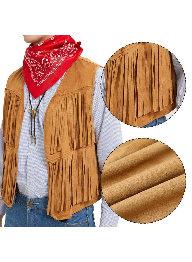 JoeRita JoeRita Western Cowboy Costume Men Tasseled Vest Hat Bandana Necklace Cowboy Outfit Accessories for Halloween Cosplay (Khaki, XXL) - Image 5