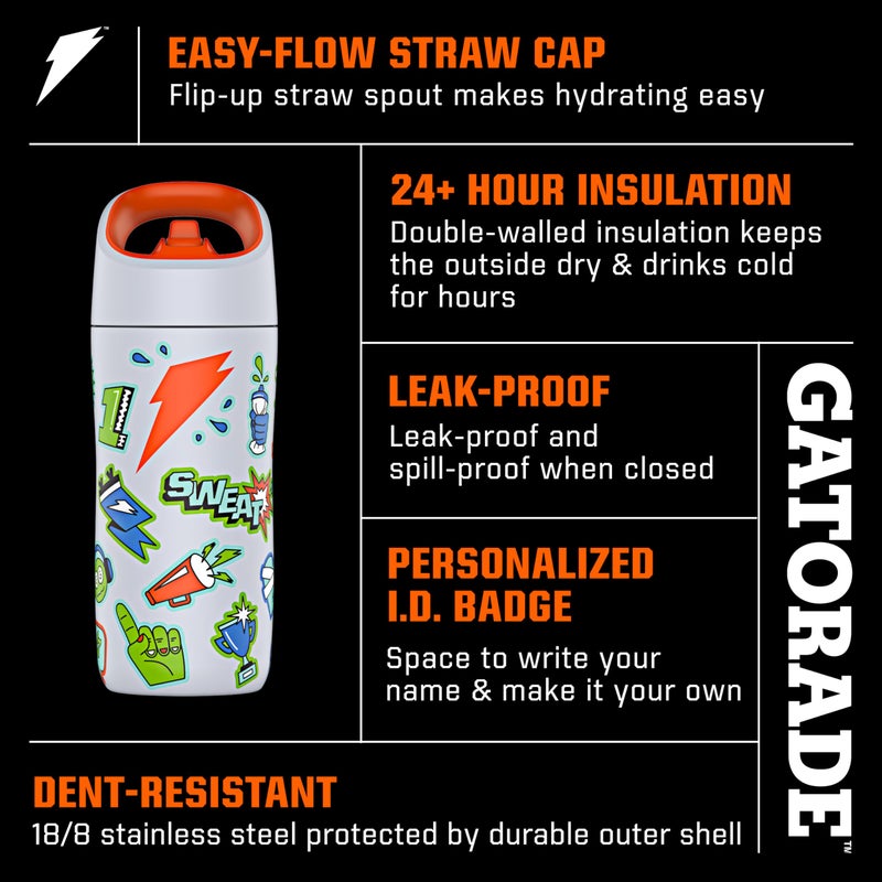 Gatorade زجاجة ماء معدنية للأطفال من غاتوريد، 12 أونصة، زجاجة فولاذية مقاومة للصدأ، عزل مزدوج الجدران، معزولة بالفراغ، كوب حراري - Image 2