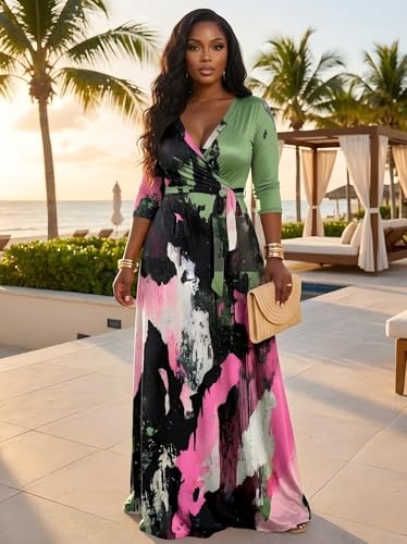 PinkPatty Women's Print Maxi Dresses 3/4 Sleeves V Neck Wrap Tie Waist Long Dress（Paint5 S） - Image 3