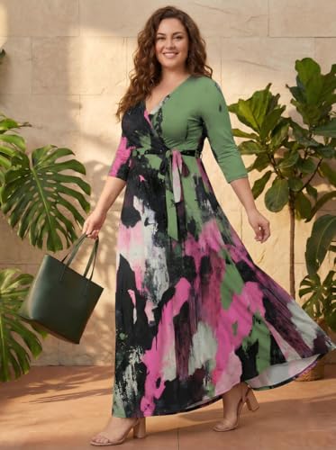PinkPatty Women's Print Maxi Dresses 3/4 Sleeves V Neck Wrap Tie Waist Long Dress（Paint5 S） - Image 5