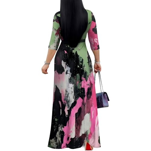 PinkPatty Women's Print Maxi Dresses 3/4 Sleeves V Neck Wrap Tie Waist Long Dress（Paint5 S） - Image 2