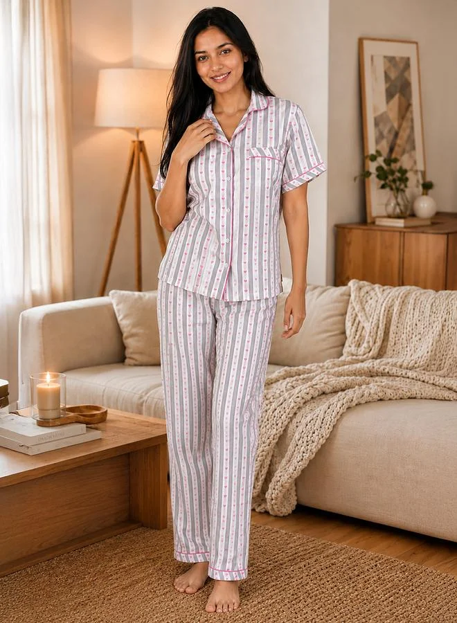 Clovia White Heart Print Striped Shirt and Pants Pyjama Set