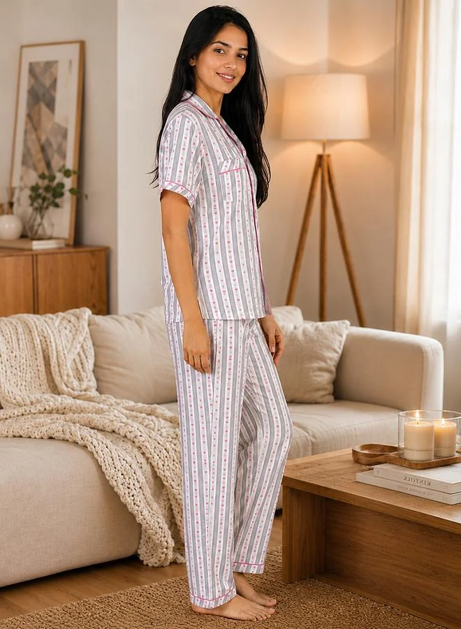 Clovia White Heart Print Striped Shirt and Pants Pyjama Set