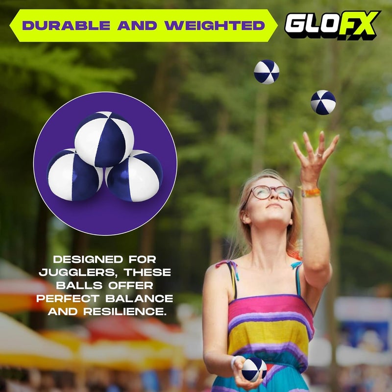 GloFX كرات التلاعب [عبوة من 3] للمبتدئين إلى المحترفين - تصميم بدون ارتداد - مجموعة كرات تلاعب وزنها متين - بناء من طبقتين - مجموعة تلاعب ناعمة وسهلة - أبيض وأزرق - Image 4