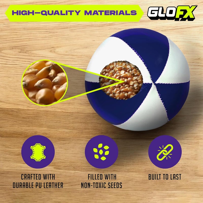 GloFX كرات التلاعب [عبوة من 3] للمبتدئين إلى المحترفين - تصميم بدون ارتداد - مجموعة كرات تلاعب وزنها متين - بناء من طبقتين - مجموعة تلاعب ناعمة وسهلة - أبيض وأزرق - Image 5