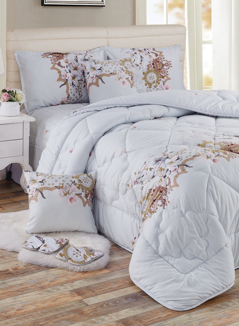 Moon Bed In A Bag Medium Filling King Size Comforter Set, 10 Pcs Floral Bedding Set Size 220 X 240 Cm with Comforter, Quilted Bed Skirt, Pillowcases, Cushion & Bedroom Slipper, Multicolor  - Image 1