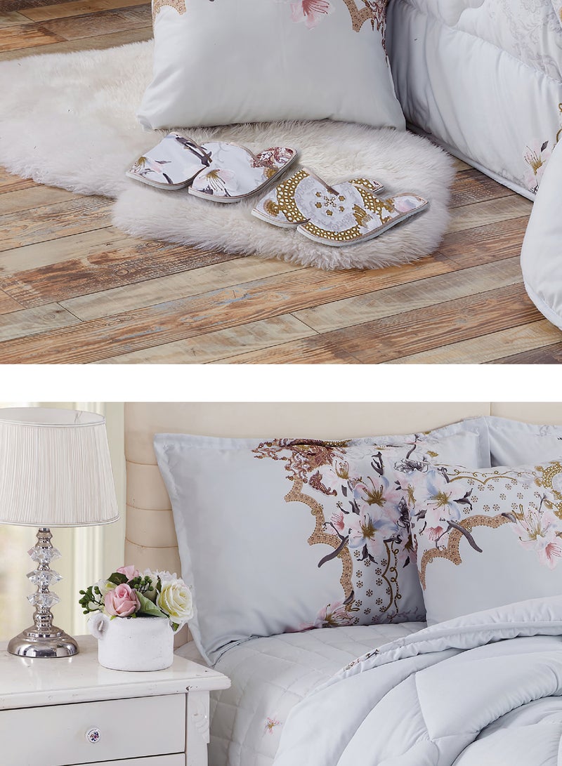 Moon Bed In A Bag Medium Filling King Size Comforter Set, 10 Pcs Floral Bedding Set Size 220 X 240 Cm with Comforter, Quilted Bed Skirt, Pillowcases, Cushion & Bedroom Slipper, Multicolor  - Image 3