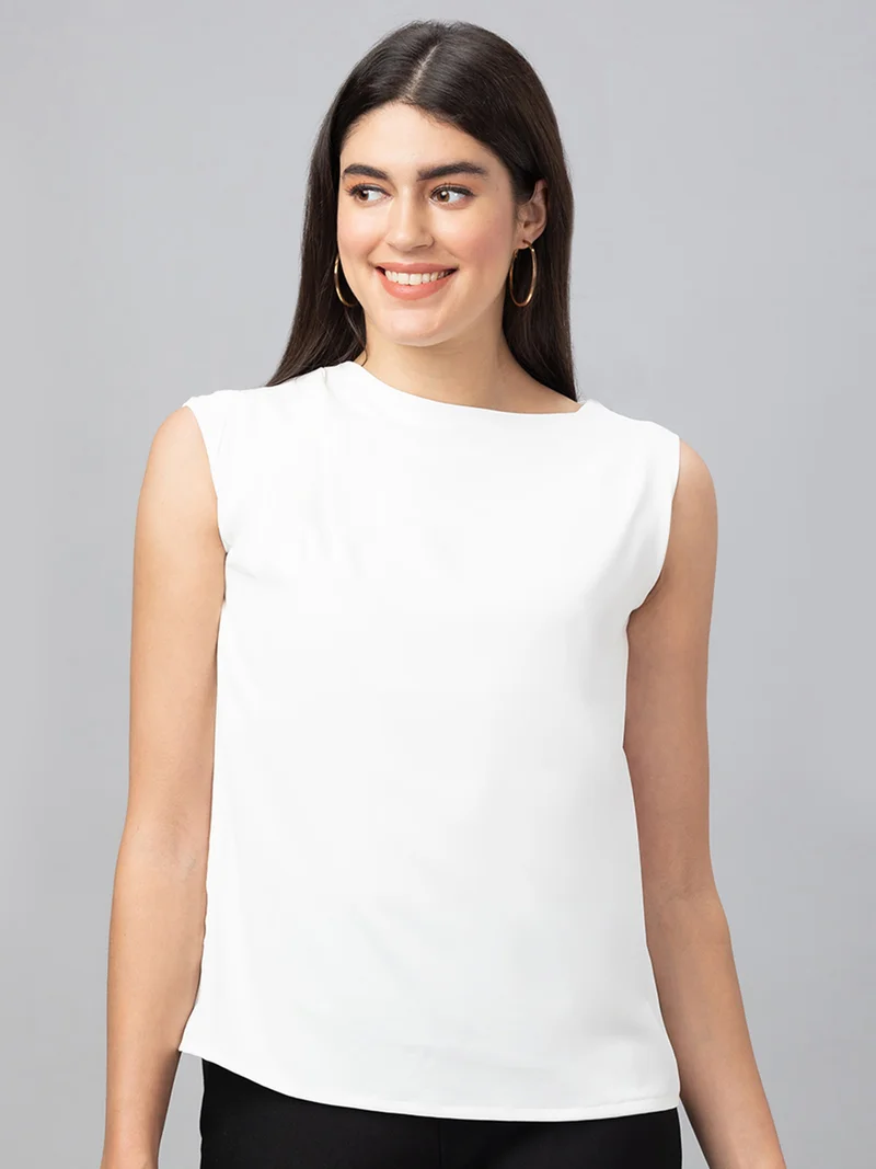 Women White Solid Sleeveless Top