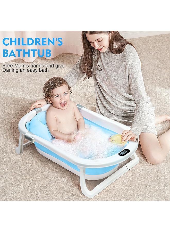 SKY-TOUCH Baby Foldable Bath Tub With Bathmat Cushion & Thermometer Portable Baby Bathtub With Drain Hole Shower Basin With Non Slip Support Leg For Boy Girl (Blue) - Image 2