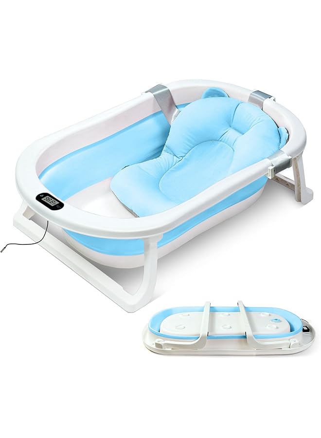 SKY-TOUCH Baby Foldable Bath Tub With Bathmat Cushion & Thermometer Portable Baby Bathtub With Drain Hole Shower Basin With Non Slip Support Leg For Boy Girl (Blue) - Image 1